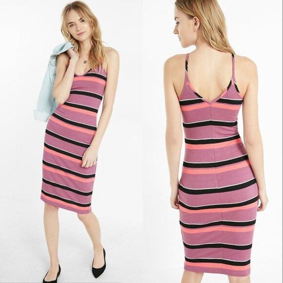Y2k Express Pink & Purple Striped Ribbed Knit Cami Dress Retro Casual Midi Small - Picture 7 of 7